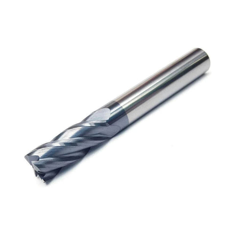 Close-up of 1/2-inch carbide square-end mill, 4-flute, AlTiN-coated.