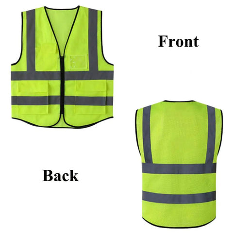 Front and back view of Go To High Visibility Mesh Safety Vest With Pockets And Zipper, ANSI ISEA Approved, unisex polyester, reflective strips