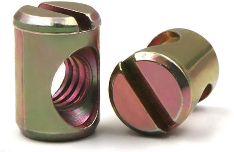 Built Different M4 Barrel Nuts For Furniture Assembly Total Game Changer In Home Repair Zinc Plated Steel Connectors close-up view