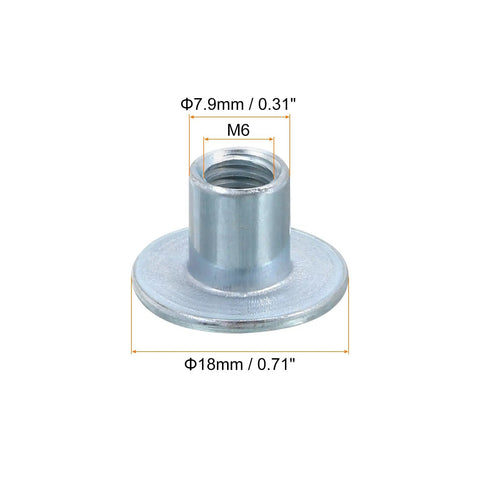 Heavy Duty M6 Weld Through Tee Nuts With Zinc Plated Finish, 12 Piece Pack, round flange fastener 18mm base, 10mm tall.