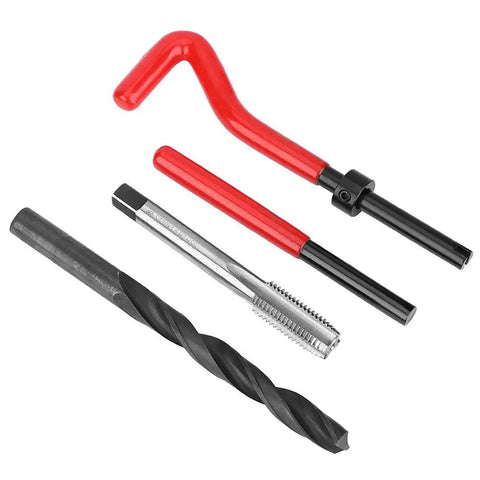 Ultimate M10x1.5 Thread Repair Kit Includes Twisted Drill Tap Wrench Plus 12 Premium Stainless Steel Helicoil Inserts For Fixing Stripped Threads In Cars And Heavy Duty Equipment That Lasts The Distance., drill tap wrench, tap and drill bit on white background