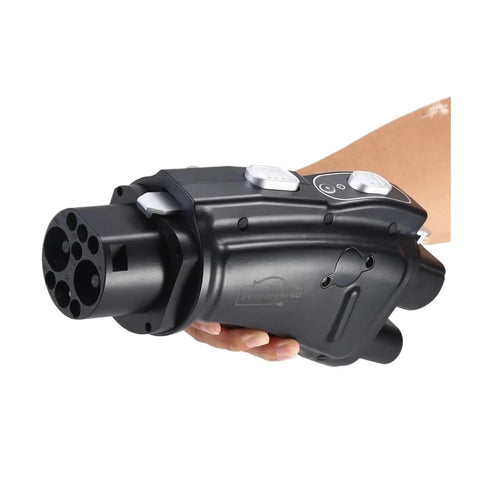 Top Tier Ccs2 To Gbt Ev Charging Adapter in hand, black with multiple ports for easy connectivity and sturdy design.