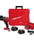 Top Shelf Heavy Duty New Brushless Cordless Drill Driver Kit Compatible With M18 Power Tools Featuring Automatic Stop Function Half Inch Quick Release Chuck Tool in red carrying case with two batteries and charger.