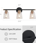 Three Light Vanity Wall Sconce With Clear Glass Shades In Sleek Black Gold Finish, E26 Base, 23.6in Wide, Product Specification