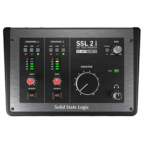 2x2 USB Audio Interface With Dual Mic Preamps, 32-Bit 192 kHz AD and DA, showing controls and meters on front panel