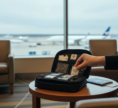 MediKit medical kit with 20 medications in a black zip case, opened on a round table in an airport lounge.