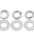 304 Stainless Steel Flat Washers and Lock Washers Set Built to Last, 100 Pcs Total, washers arranged in two rows, close-up view