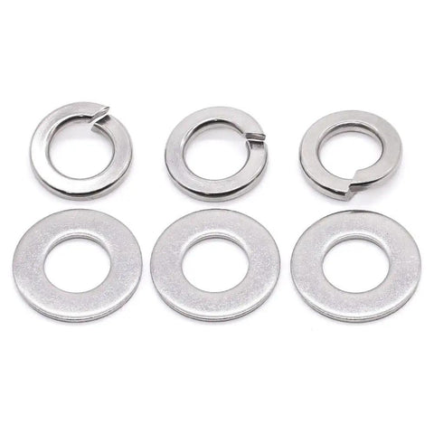 304 Stainless Steel Flat Washers and Lock Washers Set Built to Last, 100 Pcs Total, washers arranged in two rows, close-up view