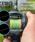 Beast Grade Braided Fishing Line Blue Camo 30 Pound Test 300 Yards on spinning reel showing zero memory features.