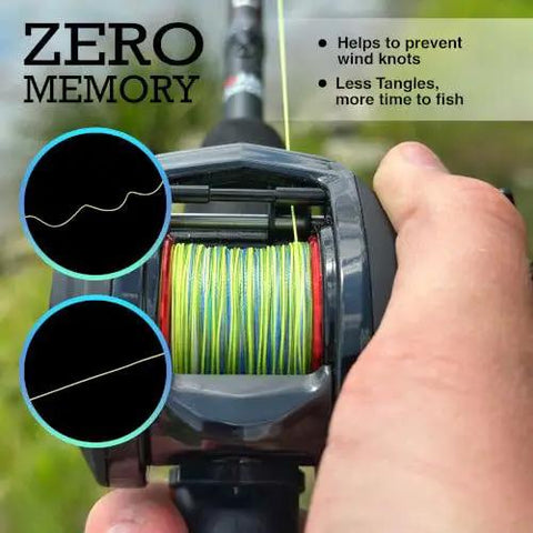 Beast Grade Braided Fishing Line Blue Camo 30 Pound Test 300 Yards on spinning reel showing zero memory features.