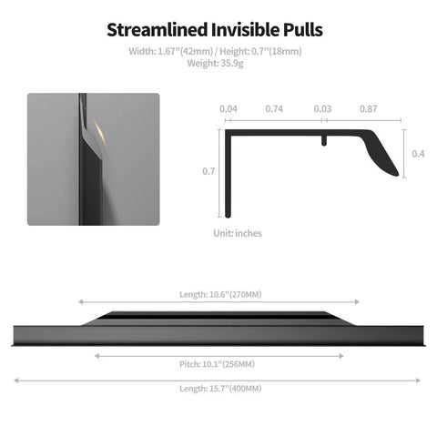 Diagram of 5 Pack 400mm Black Edge Finger Pull Drawer Door Handle for cabinets showing dimensions and cross-sectional view.