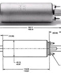 Diagram and dimensions of GSL392-400-939 Universal Inline Fuel Pump Kit With Install Kit, 255 LPH High Flow Inline Pump For Performance Cars