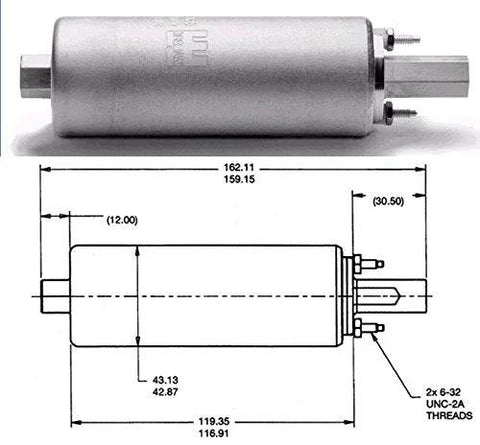 Diagram and dimensions of GSL392-400-939 Universal Inline Fuel Pump Kit With Install Kit, 255 LPH High Flow Inline Pump For Performance Cars