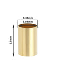 Front view of brass pot sleeve; 9.5mm tall, 6.35mm outer, 6.04mm inner diameter for guitar split-shaft pots.