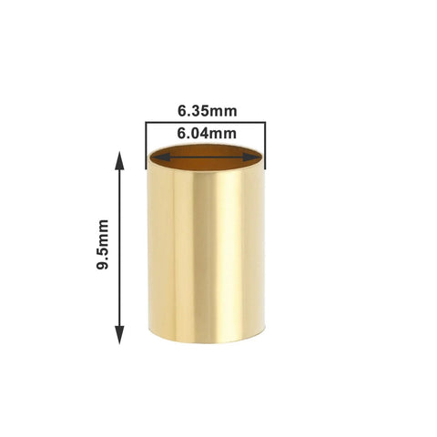 Front view of brass pot sleeve; 9.5mm tall, 6.35mm outer, 6.04mm inner diameter for guitar split-shaft pots.