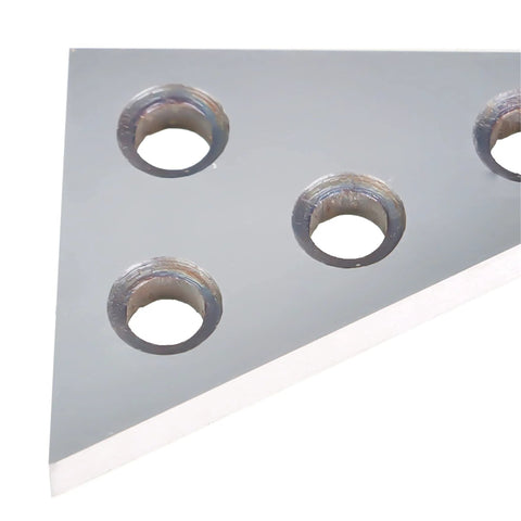 Triangle angle plate, front view, with four through-holes; solid metal machinist block