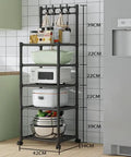Five Tier Heavy Duty Storage Rack With Smooth Swivel Rolling Wheels Industrial Platform Shelving Unit For Garage Home Organization Rock Solid Rust Coated Steel Frame with kitchen items.