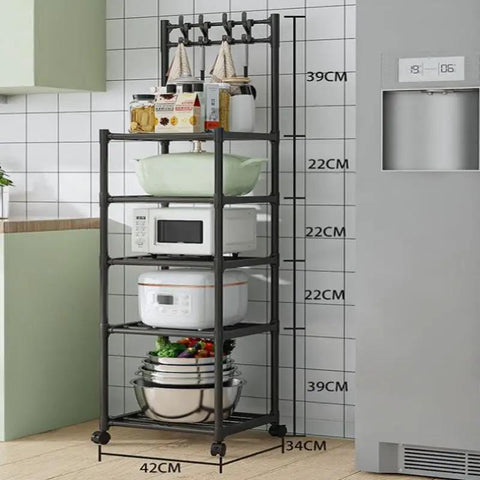 Five Tier Heavy Duty Storage Rack With Smooth Swivel Rolling Wheels Industrial Platform Shelving Unit For Garage Home Organization Rock Solid Rust Coated Steel Frame with kitchen items.
