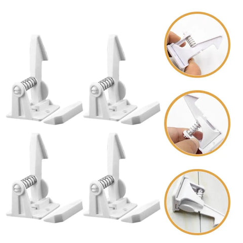 Kid Safe Cabinet Locks 16 Pack ABS Safety Locks with Easy Install shown in use and close-up views, white finish
