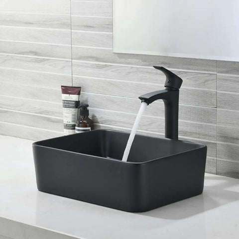 Matte Black Vessel Sink And Faucet Combo For Bathroom Above Counter Rectangular Ceramic Sink With Matte Black Faucet
