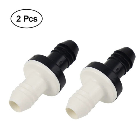 Two ABS inline vacuum barbed check valves, white body with black collar.