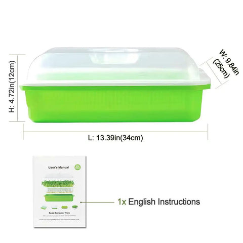 Soil-Free Seed Sprouter Tray With Lid BPA Free PP Material Big Capacity Sprouting Kit For Wheatgrass And Seeds, shown with dimensions and instructions.