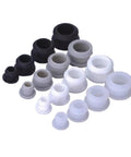 Assorted sizes of black and white silicone hole plugs for round holes, featuring Five Pack Silicone Hole Plugs Snap On End Caps 2.5mm To 30mm.