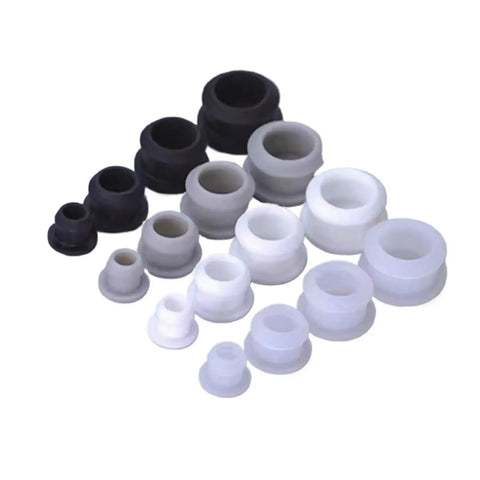Assorted sizes of black and white silicone hole plugs for round holes, featuring Five Pack Silicone Hole Plugs Snap On End Caps 2.5mm To 30mm.
