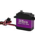 Heavy Duty Digital Servo With Coreless Motor And Metal Gears For Rc Cars Boats Helicopters featuring purple casing and connecting wires.
