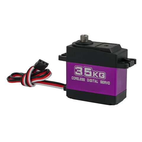 Heavy Duty Digital Servo With Coreless Motor And Metal Gears For Rc Cars Boats Helicopters featuring purple casing and connecting wires.