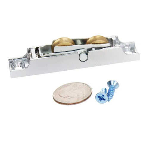 Solid Build Dual Wheel Sliding Door And Window Pulleys 83 Millimeter Stainless Steel Track Rollers That Glide Smooth As Butter For Zero Hassle Home Reno Upgrades Two Piece Pack with brass rollers and screws alongside a coin for size comparison.