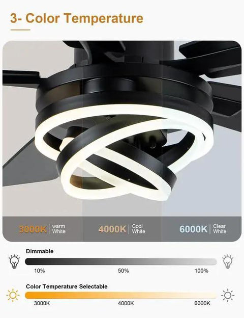 Smooth Operator 52 Inch Black Modern Chandelier Ceiling Fan Featuring Smart App Control And Barn Wood Blades with adjustable color temperature settings.