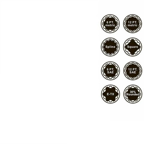 Heavy Duty 3/8 Inch Drive 18 Piece Penta Splined Socket Set With High Polish Finish showing socket measurement labels and styles