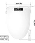 Super Plush Heated Toilet Seat With Auto Opening Bidet Lid Smart Ambient Night Light Short V Shape Design dimensions and remote.