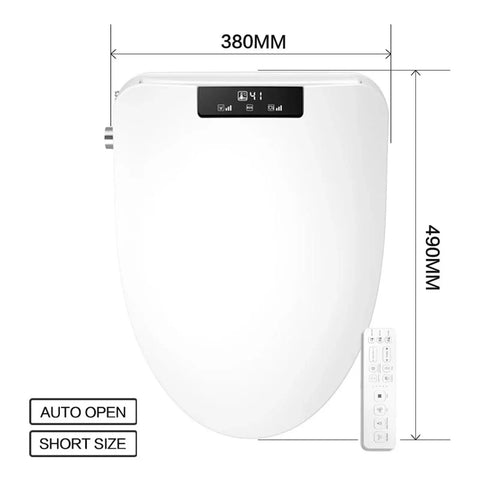 Super Plush Heated Toilet Seat With Auto Opening Bidet Lid Smart Ambient Night Light Short V Shape Design dimensions and remote.