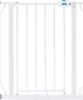 Extra Wide Baby Safety Gate For Openings From 29 To 41.5 Inches, 30 Inches Tall, Includes Two 4 Inch Extensions, Easy Install With Wall Cups, No Fuss Fit For Wider Doorways, white metal gate shown front view.