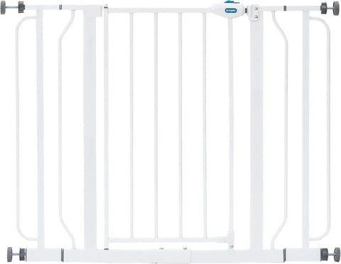 Extra Wide Baby Safety Gate For Openings From 29 To 41.5 Inches, 30 Inches Tall, Includes Two 4 Inch Extensions, Easy Install With Wall Cups, No Fuss Fit For Wider Doorways, white metal gate shown front view.