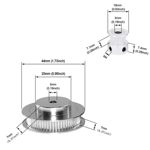 Diagram of GT2 Synchronous Timing Pulleys Set Two Piece 20T And 60T Aluminum 5mm Bore showing detailed dimensions