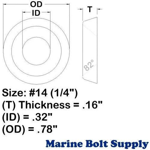 Front view diagram of #14 stainless steel countersunk finishing cup washer; 0.78 in OD, 0.32 in ID, 0.16 in thick.