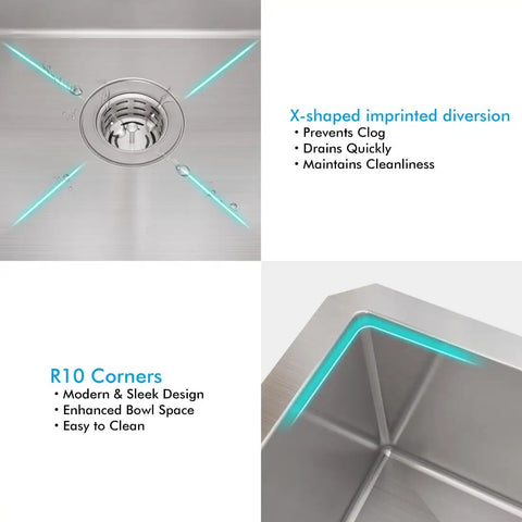 16 Inch Bar Prep Sink Single Bowl Undermount 18 Gauge T304 Stainless Steel Satin Finish With X-shaped Imprint and R10 Corners
