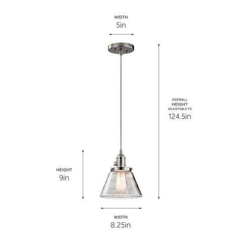 Avery 8.75 Inch One Light Bell Mini Pendant With Clear Seeded Glass In Brushed Nickel, adjustable cord, dimensions shown