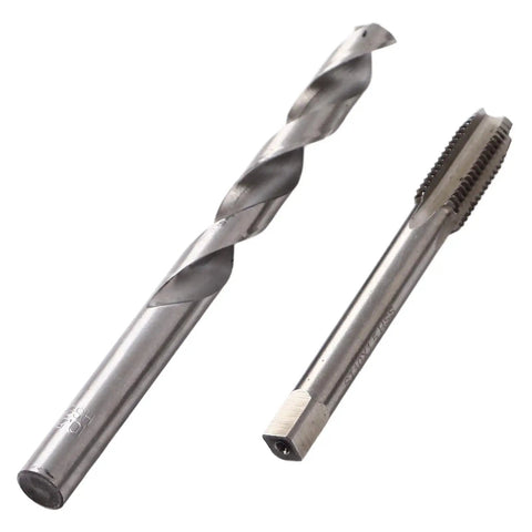 Steel drill bit and tap from 261 Piece Thread Repair Kit With Metric And Imperial Self Tapping Inserts Taps And Drill Bits Automotive And Industrial Repair Set For Damaged Threads Quick Fix Without Welding Or Parts Replacement