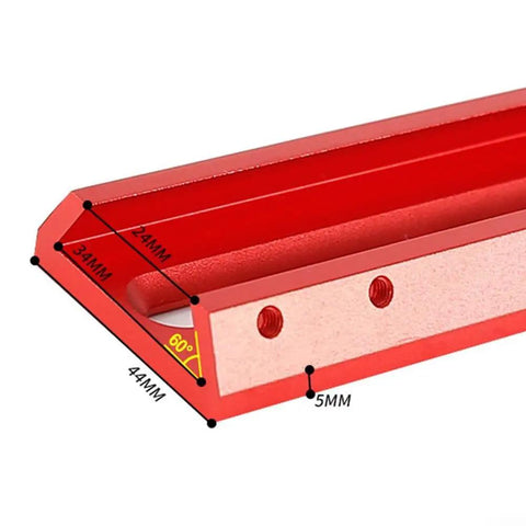 Close-up of Rock Solid Aluminum Rail Bar Telescope Mounting Plate with 60° guide slot, showing measurements and red finish.