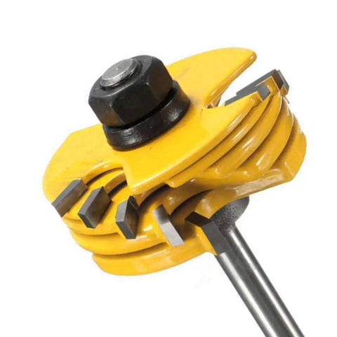 Pro Grade 1/2 Inch Shank Adjustable Three Wing Router Bit Set With Six Tungsten Carbide Widths For Woodworking Projects showing the carbide tip and shank details.