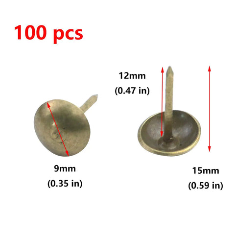 Antique Brass Upholstery Tacks with 3/8 Inch Round Head Dome, High Quality Furniture Nails for Legit Grip and Rock Solid Holds, Straight Shooting Pins for Couch Reupholstering and DIY Crafts Pack of 100, showing sizes 9mm, 12mm, and 15mm.