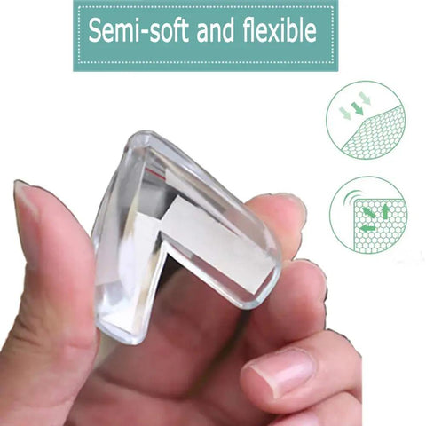 Hand holding semi-soft clear PVC corner protector from Baby Proofing Safety Corner Guards 8 Pack Clear Table Corner Protectors For Furniture Soft