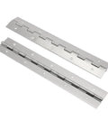 Pair Of 304 Stainless Steel Piano Continuous Hinges For Heavy Duty Cabinet Doors And Pantry Shelves Built Like A Tank With Smooth Swing Mechanism Yellow Coated Finish Gets The Job Done Every Time, showing two stainless steel piano hinges.