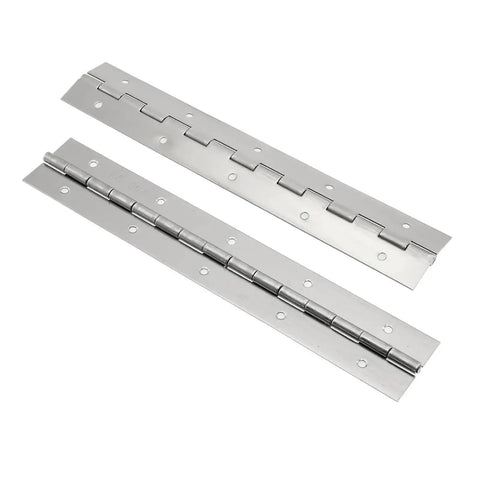 Pair Of 304 Stainless Steel Piano Continuous Hinges For Heavy Duty Cabinet Doors And Pantry Shelves Built Like A Tank With Smooth Swing Mechanism Yellow Coated Finish Gets The Job Done Every Time, showing two stainless steel piano hinges.