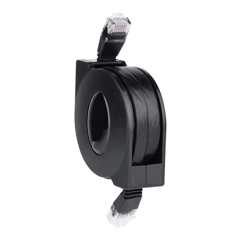 CAT6 Ethernet Cable With Retractable Flat Design, Adjustable Length RJ45 Patch Cable, 2m Long, Black, coiled view