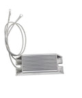 Aluminum-cased RXLG servo braking resistor with finned heatsink and two ring-terminal leads